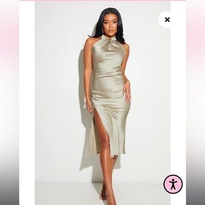 Sage Green Twist Neck Button Detail Satin Midi Dress